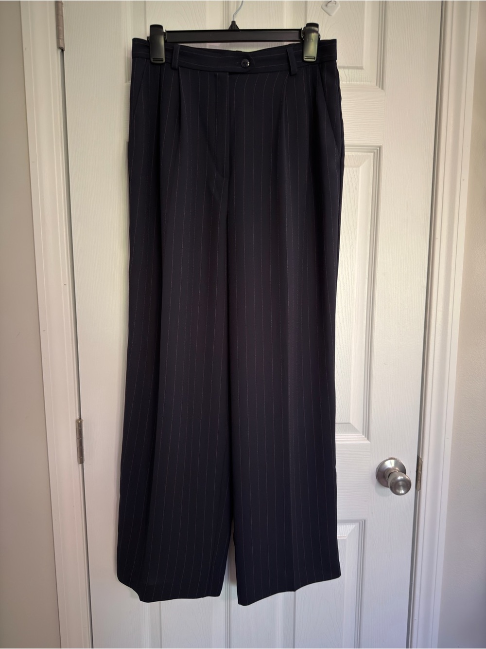 Nouveaux Navy Pinstripe Pleated Wide Leg Dress Pants Button Zip Women size 10